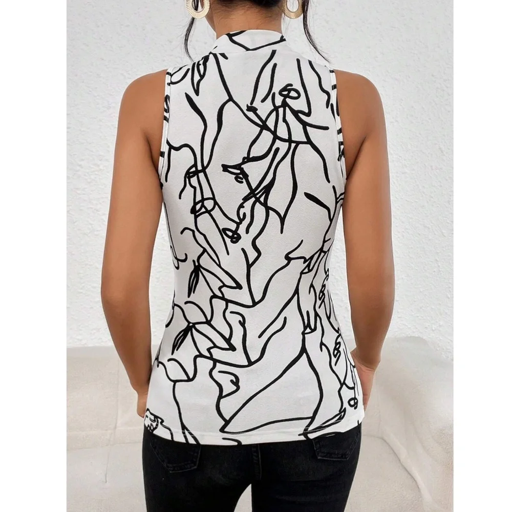 Abstract Face Print White Sleeveless Top Slim Fit High Neck - Picture 4 of 8